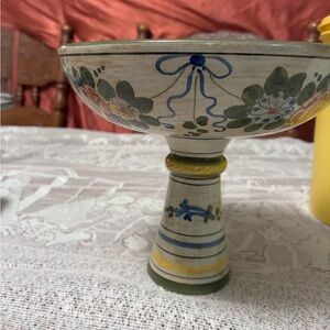 Vintage Hand-Painted Floral Pedestal Compote in Blue, Green & Yellow